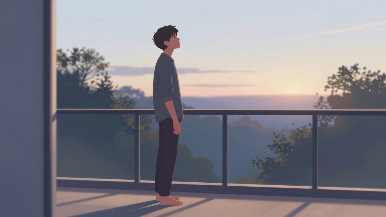 Человек на балконе утром, смотрит на горизонт без очков, солнечный свет.