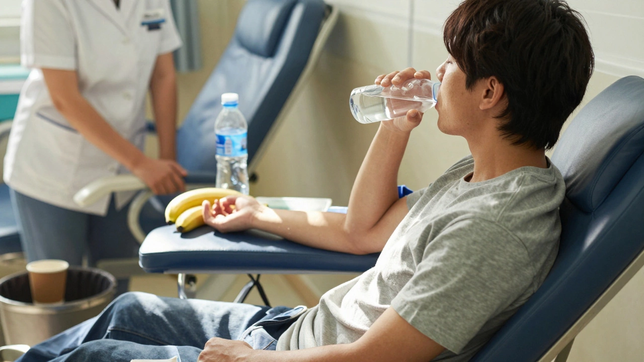 Человек пьёт воду после сдачи крови, рядом — банан и бутылка воды.