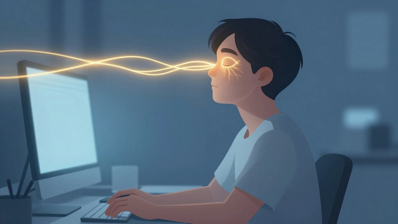 Человек с закрытыми глазами, в воздухе виден световой путь в форме восьмерки.