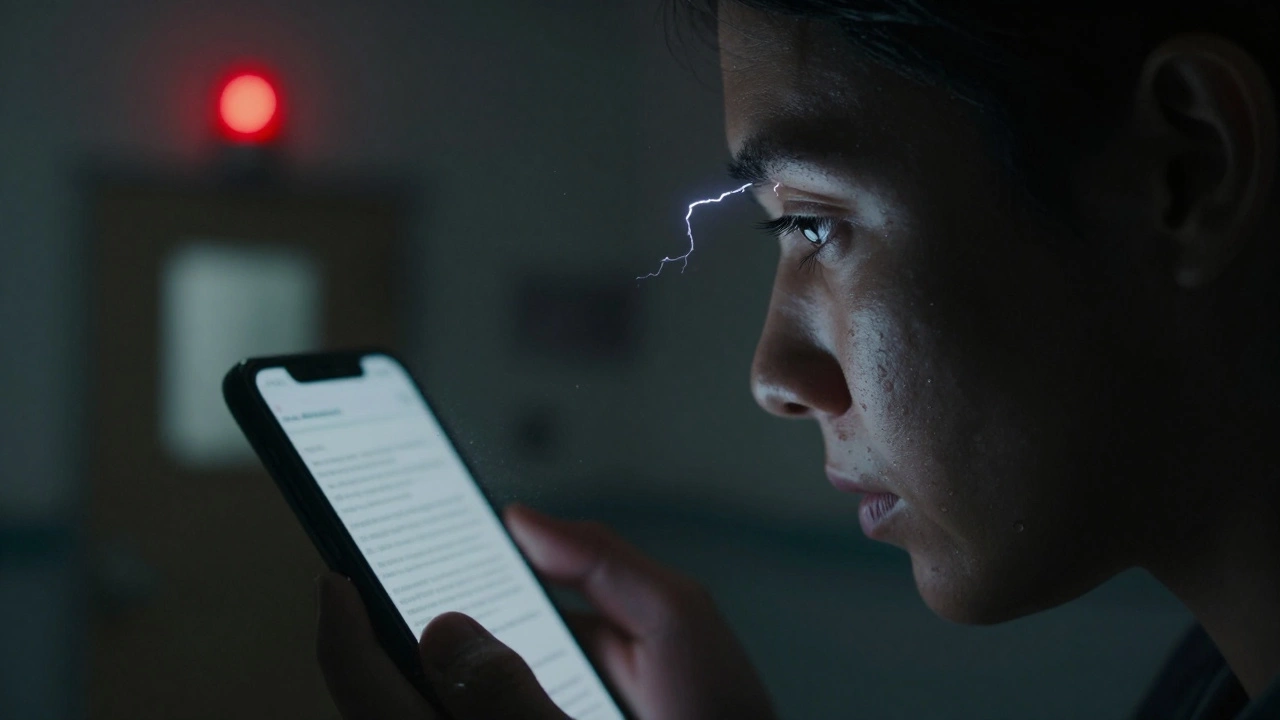 Человек смотрит на экран телефона, перед глазами плавают черные точки и вспышки света.