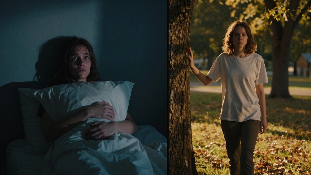 Два состояния одного человека: ночью в страхе и днем в тихом восстановлении в парке.