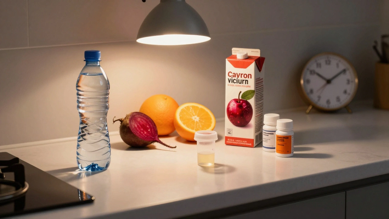 На кухонной стойке лежит образец мочи рядом с продуктами, искажающими анализ.