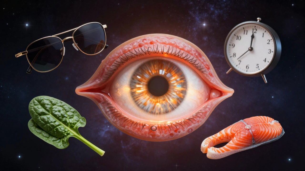 Разрез глаза с укрепленной сетчаткой, окруженной защитными элементами.