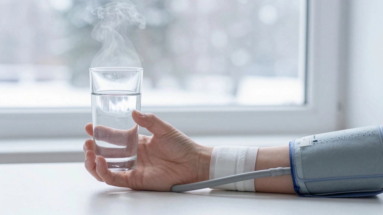 Рука держит стакан воды у вены, за окном — снег, символизирующий холод и спокойствие перед сдачей крови.