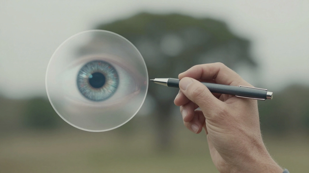 Рука с ручкой на расстоянии 30 см, за ней размытое дерево — упражнение на фокус.