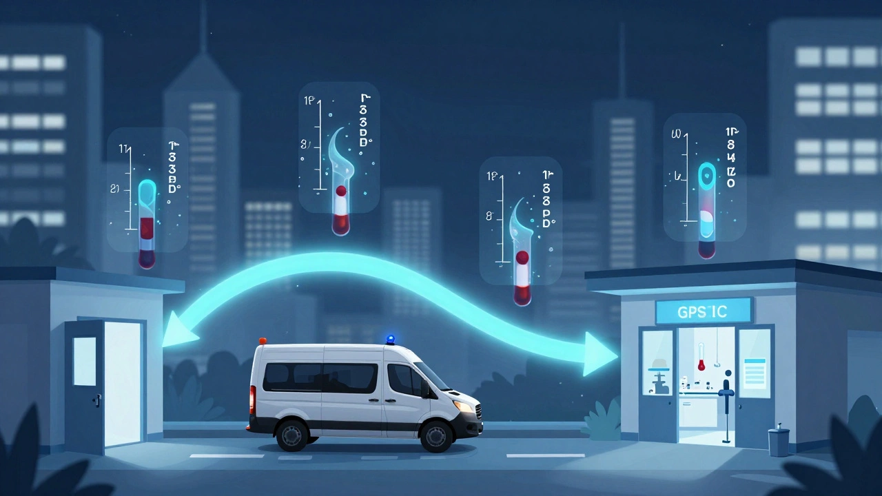 Схема доставки крови от клиники до лаборатории с отслеживанием температуры и времени.