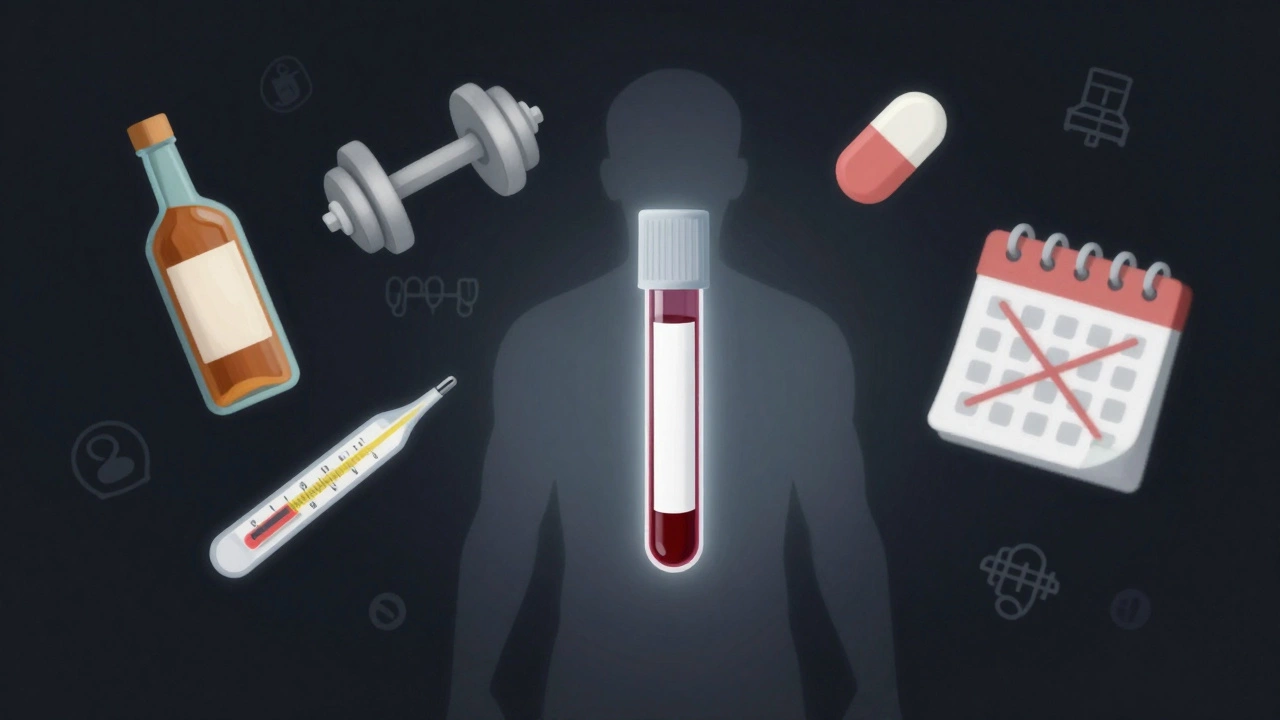 Силуэт человека окружён символами, мешающими анализу крови — алкоголь, тренировка, лекарства.