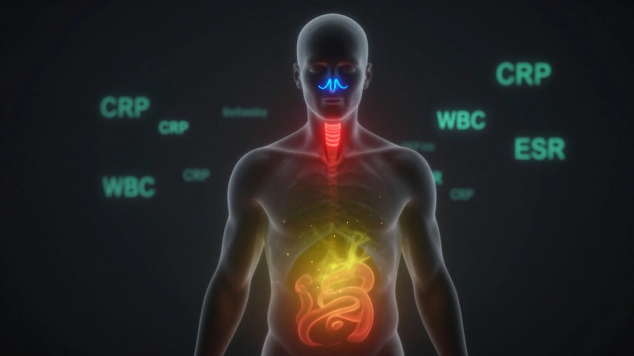Силуэт человека с цветовыми индикаторами воспаления в горле, носе и животе.