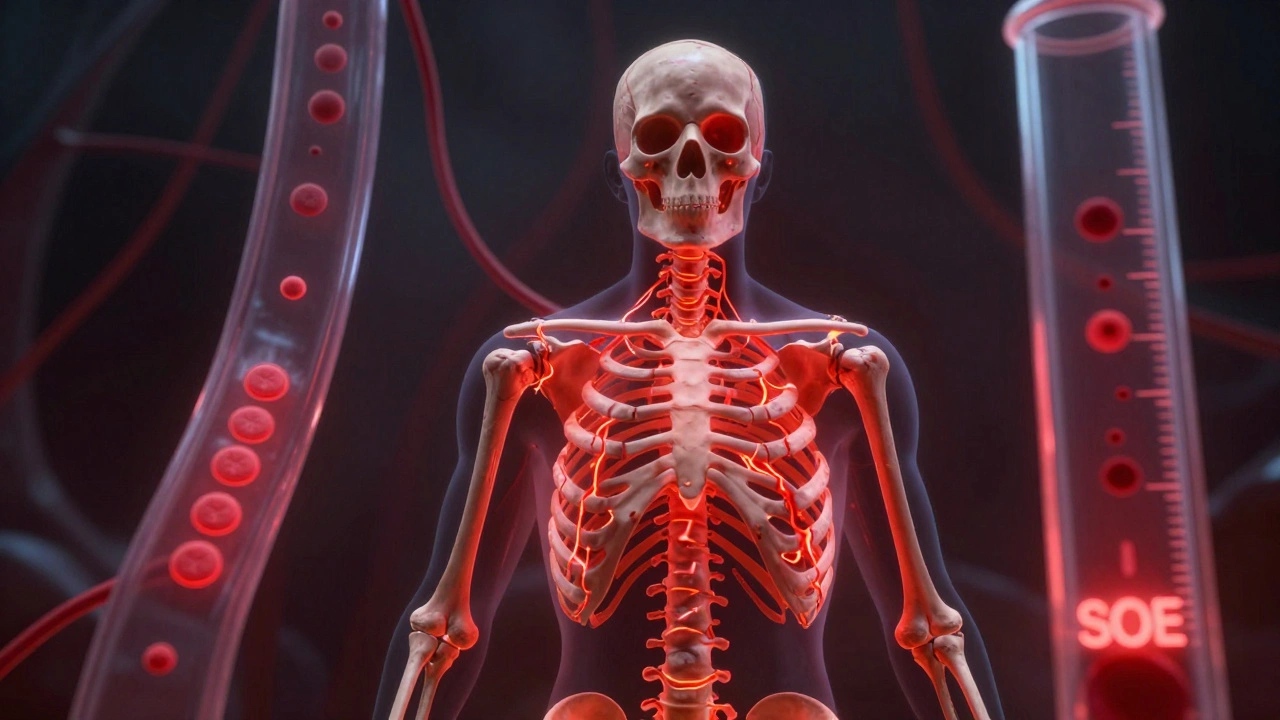 Скелет с кровоточащими опухолевыми очагами и аномальными показателями крови вокруг