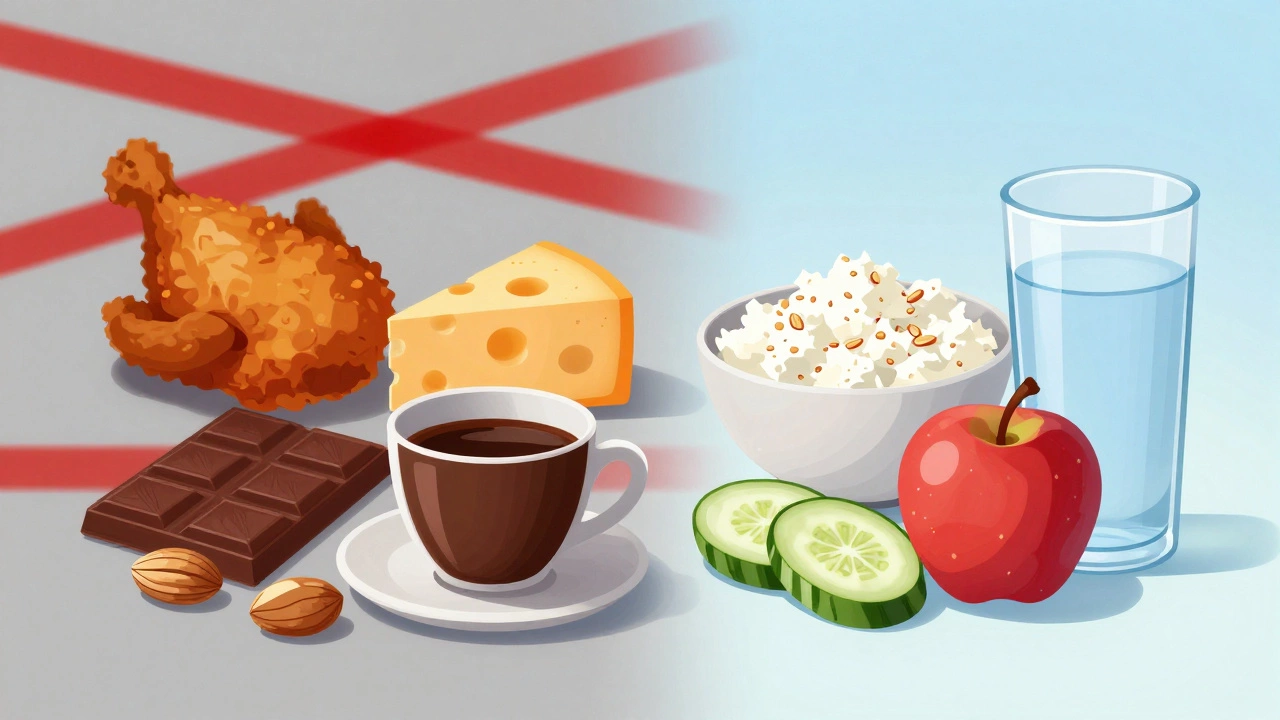 Слева — запрещенные продукты, справа — разрешенные: контраст между вредным и безопасным питанием.