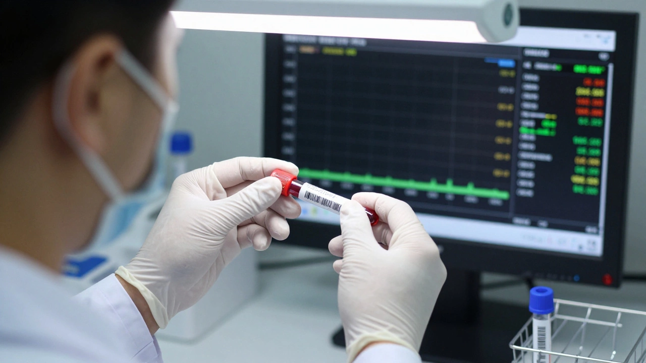 Техник сканирует штрих-код пробирки с кровью в лаборатории под светом флуоресцентных ламп.