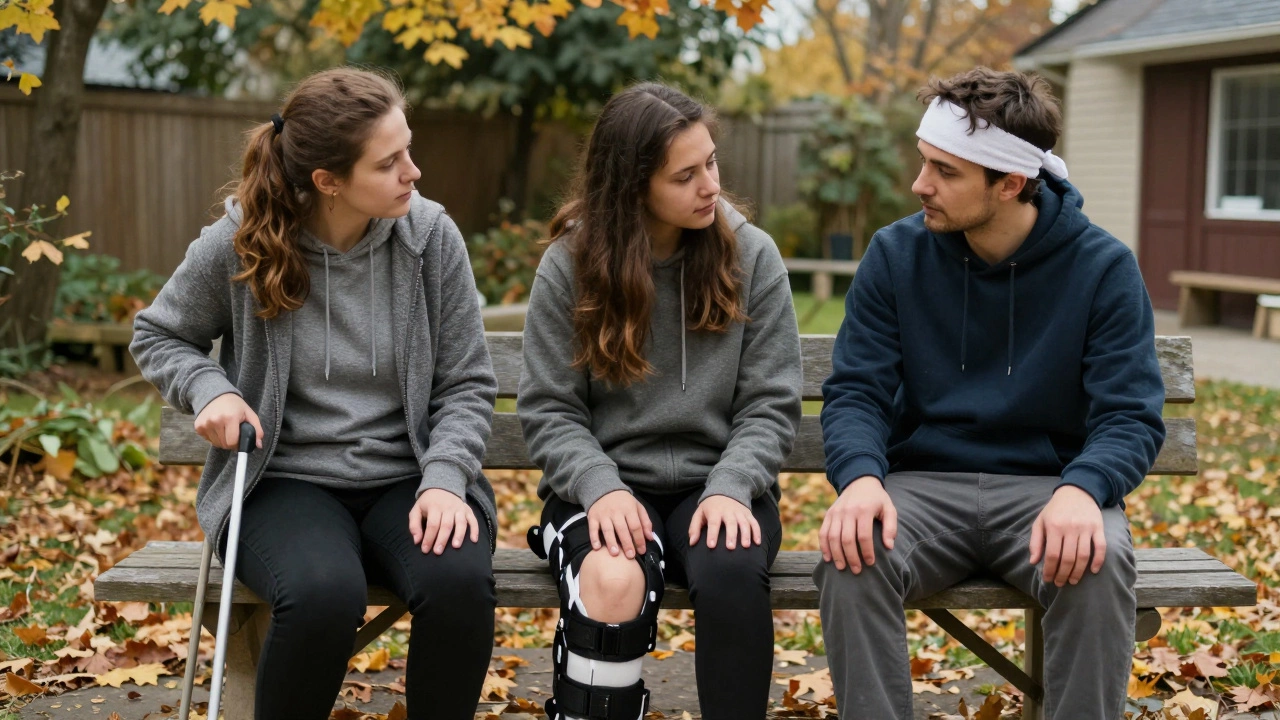 Трое людей с травмами сидят вместе в саду, поддерживая друг друга без слов.