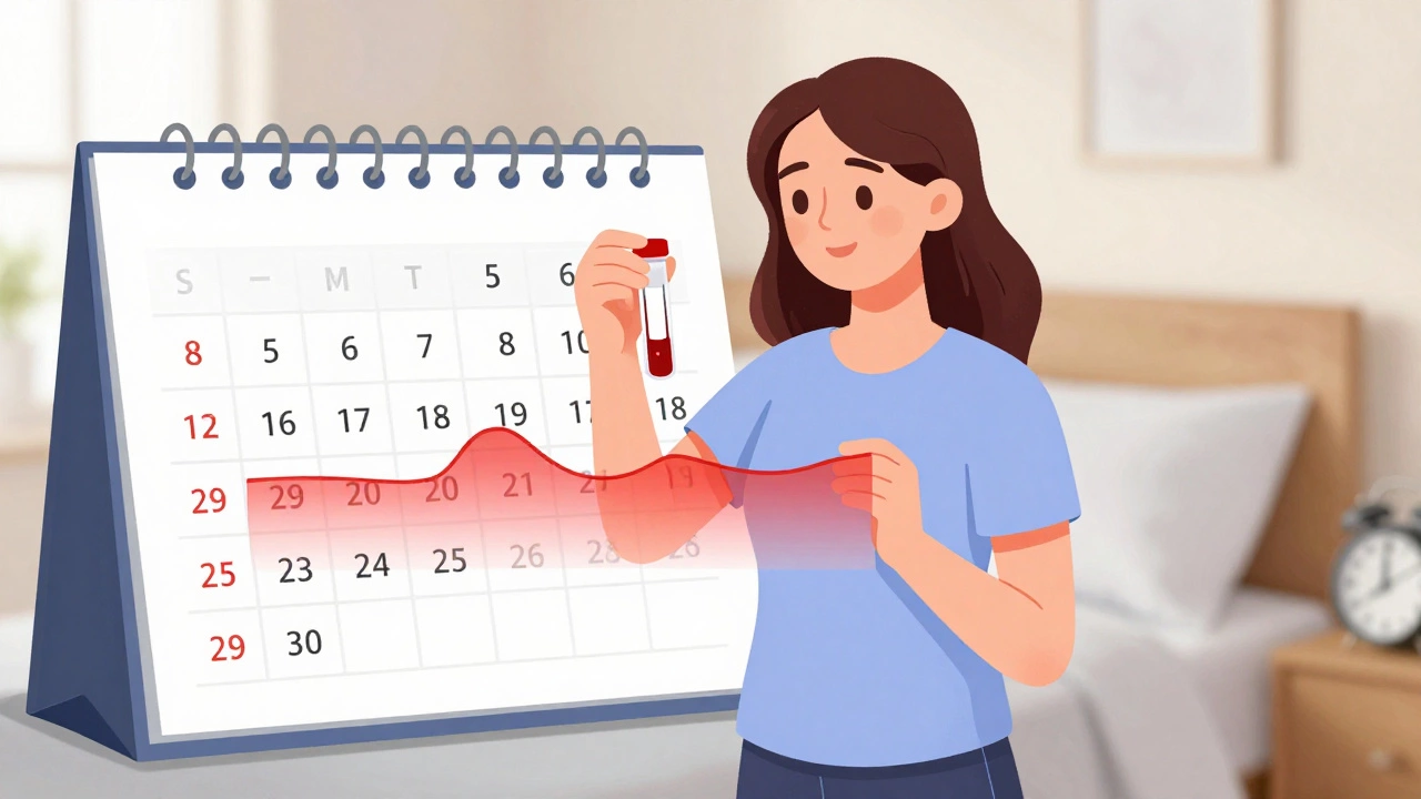 Женщина держит пробирку с кровью, рядом календарь с менструальными днями и графики гормонов.
