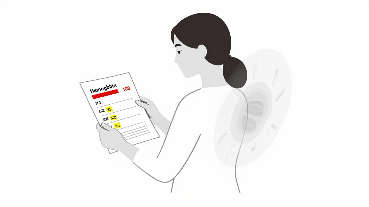 Женщина с анализом крови и скрытыми опухолевыми тенями, выделены ключевые отклонения