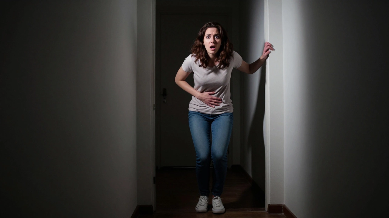 Женщина вдруг замерла от острой боли в животе, выражение лица — паника и шок.