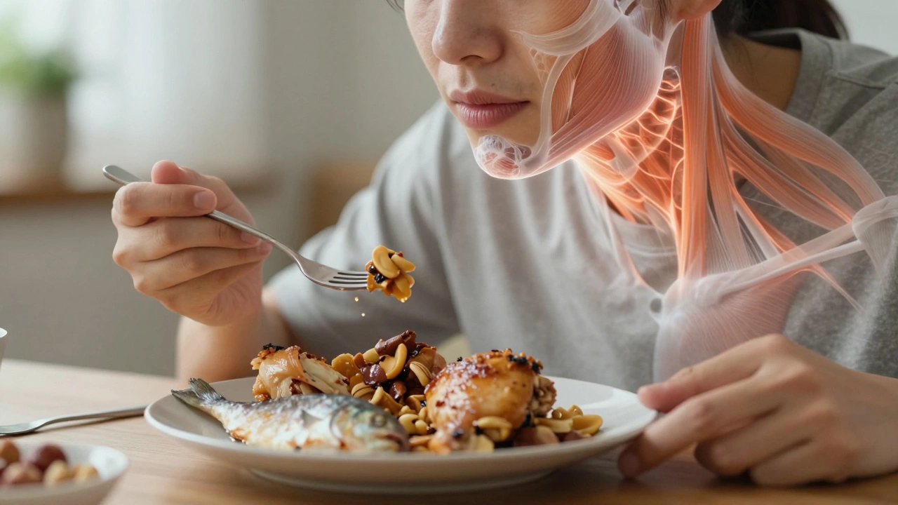 Человек ест белковую пищу, над его челюстью и шеей светятся кровеносные сосуды.