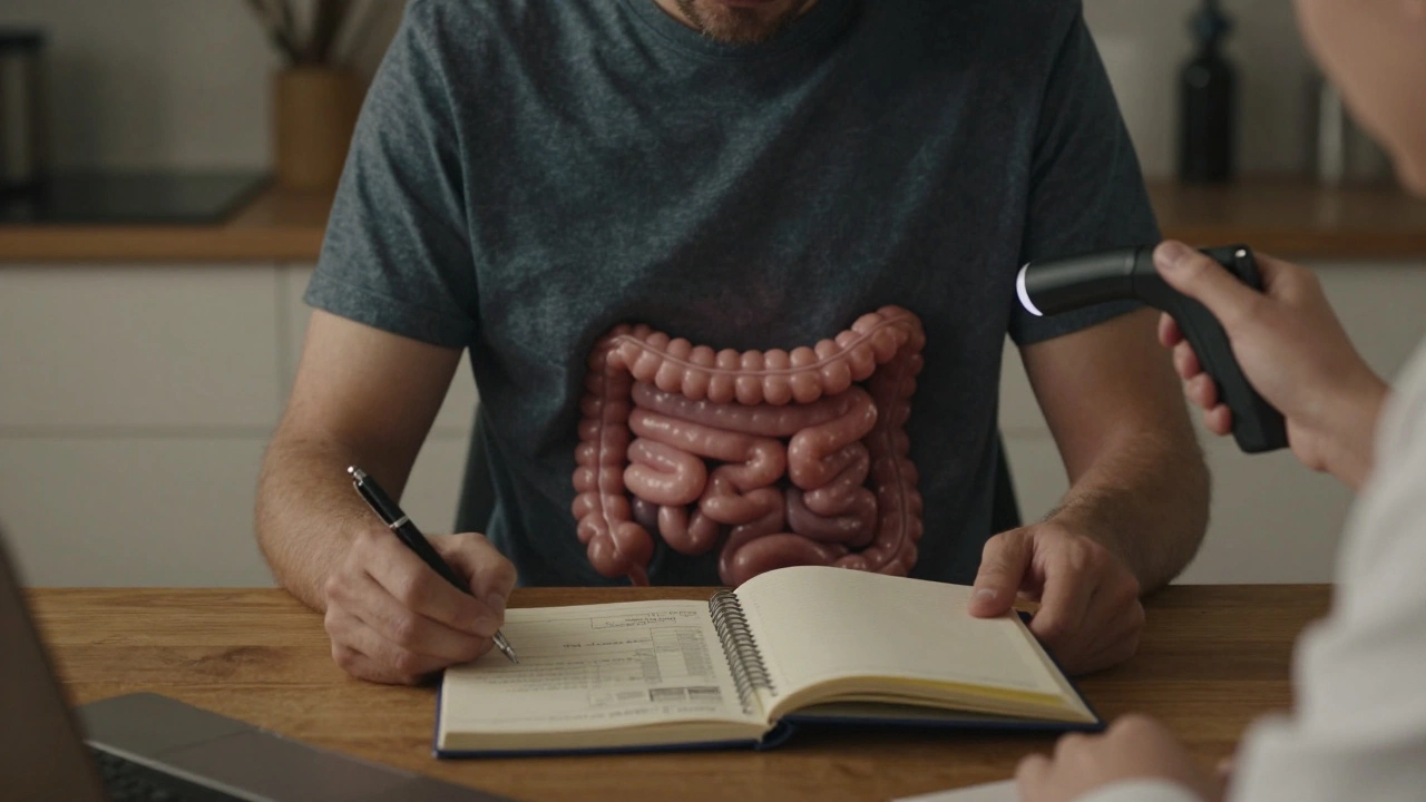 Человек смотрит на результат анализа крови, пока тени воспалённого кишечника поднимаются из его тела