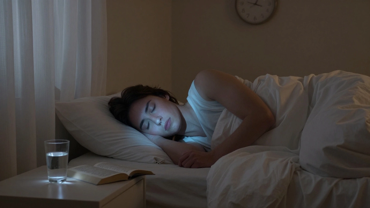 Человек спит в тёмной комнате, рядом — стакан воды и книга, тело слегка светится от восстановления.