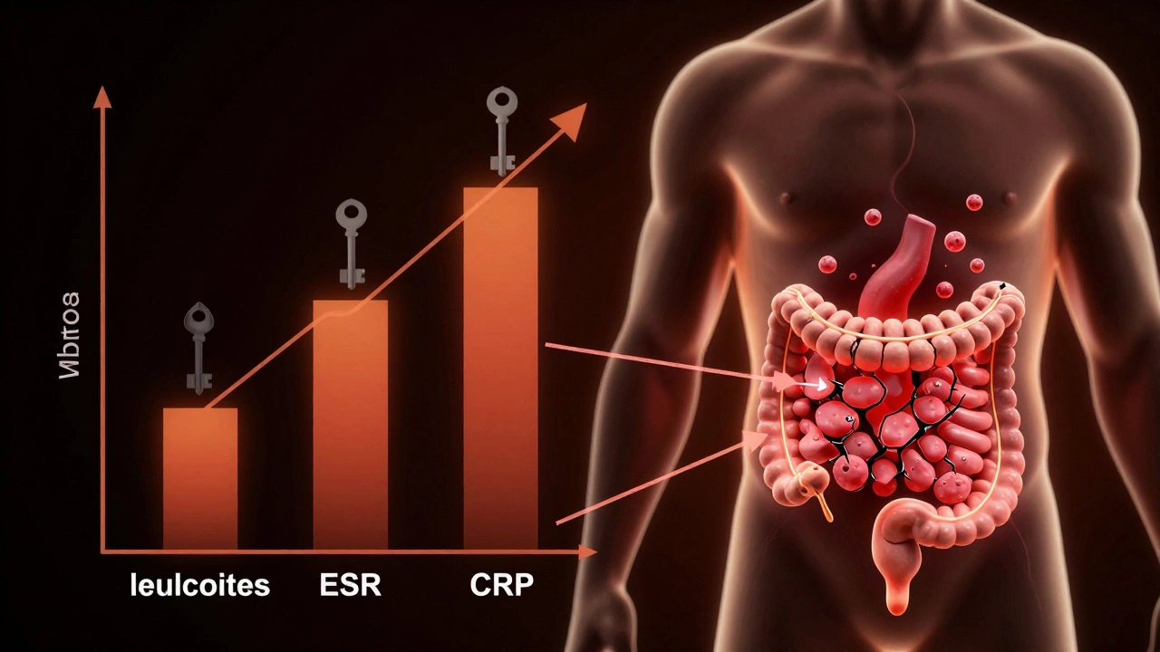 Диаграмма с тремя кровяными маркерами воспаления, указывающими на поражение кишечника