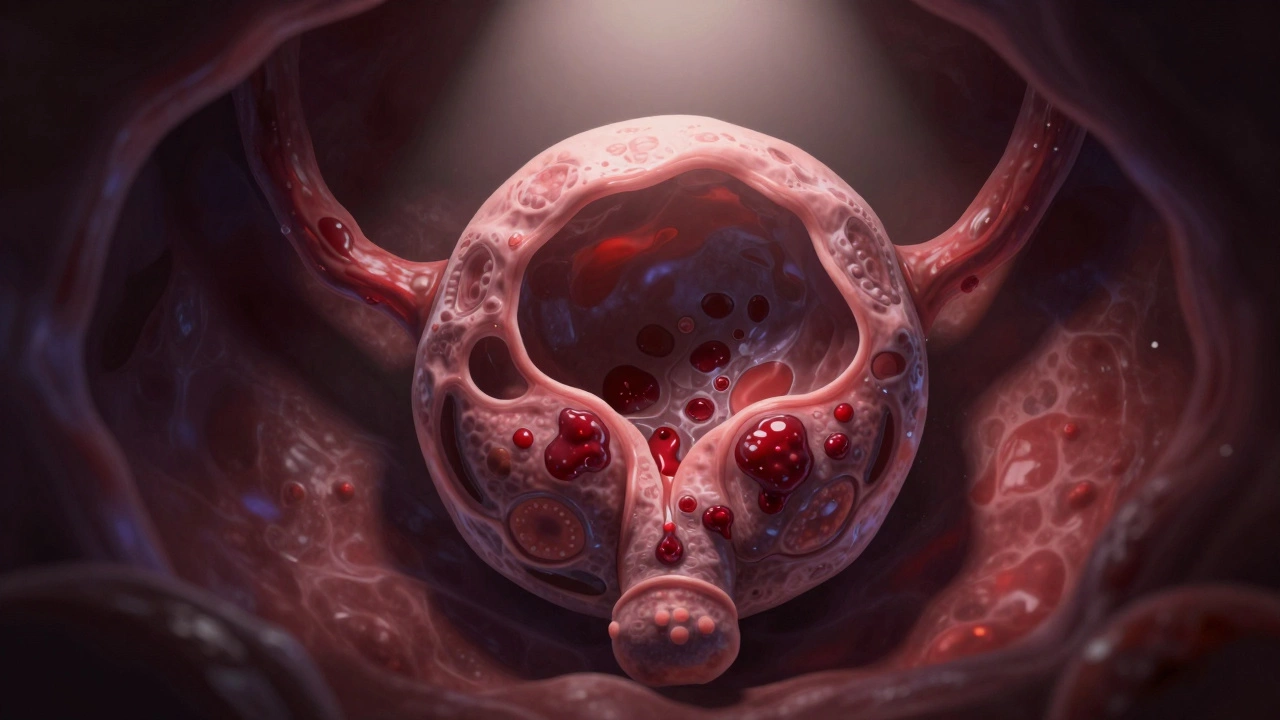 Киста яичника размером 7 см с неровными перегородками и кровяными сгустками, визуализированная как угроза.