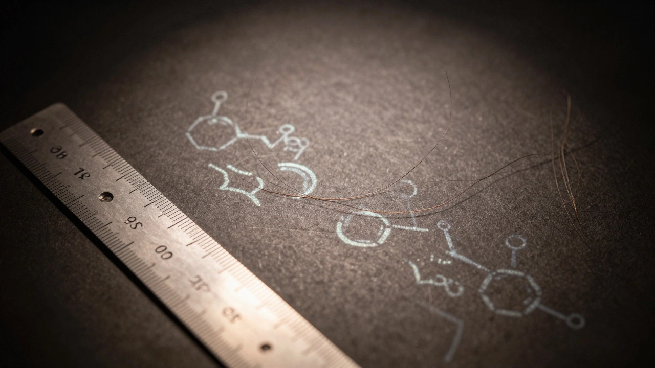 Прядь волос на фоне линейки с визуализацией следов наркотиков за 90 дней.