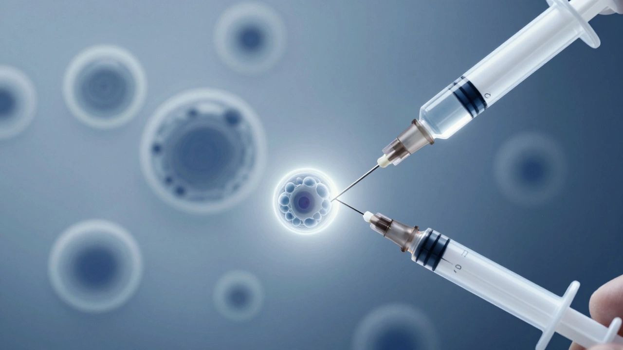 Процедура пункции кисты под контролем УЗИ: игла извлекает жидкость, в фоне — клетки под микроскопом.