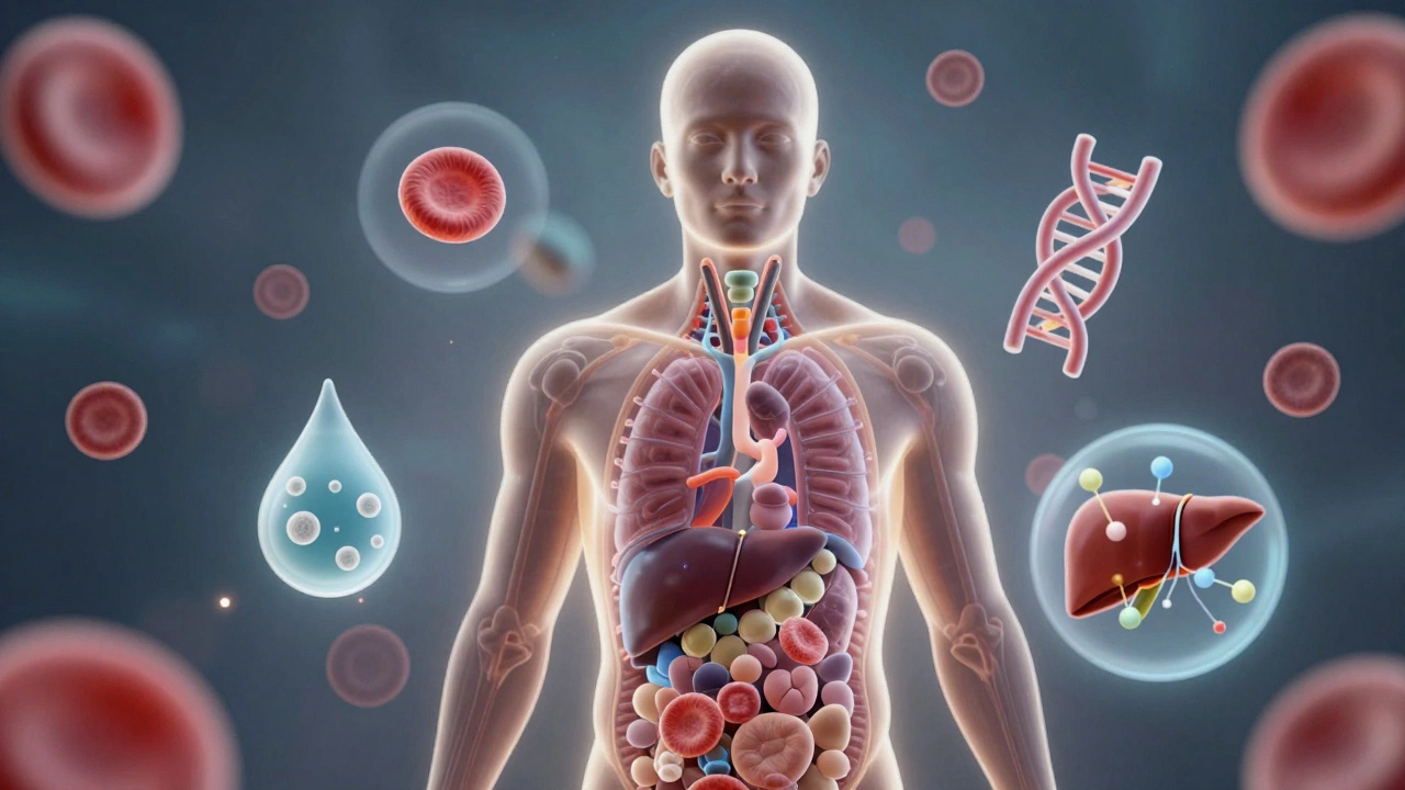 Прозрачное тело человека с отображением ключевых лабораторных анализов: кровь, моча, ДНК и ферменты печени.