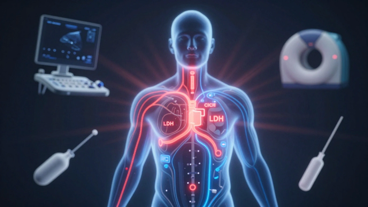 Силуэт человека с внутренними светящимися путями, обозначающими повышенные маркеры онкологии.