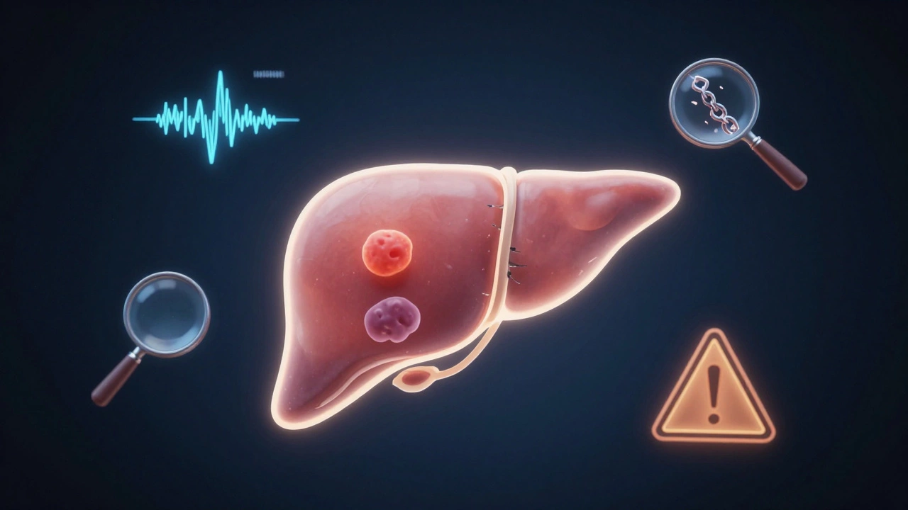 Символическое изображение печени с диагностирующими элементами: ультразвуковыми волнами, опухолью, фиброзом и желчными камнями.