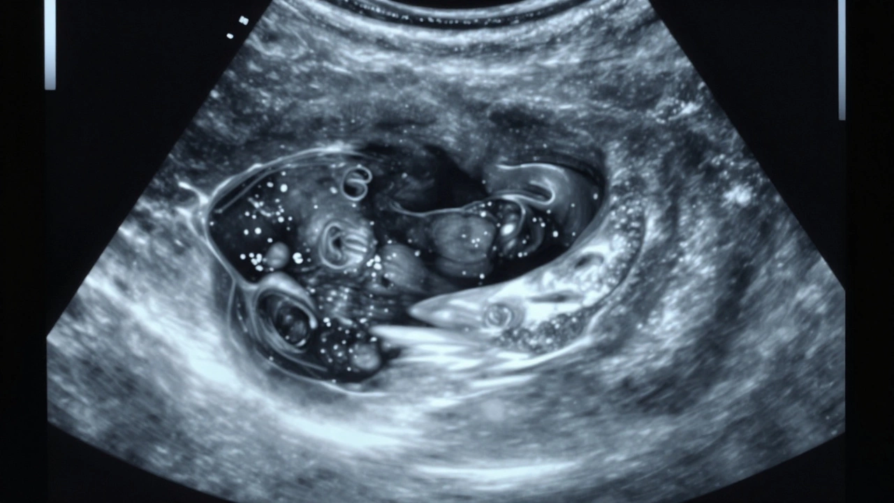 Сложная киста молочной железы на УЗИ: внутренние перегородки и мелкие включения с слабым кровотоком по краям.