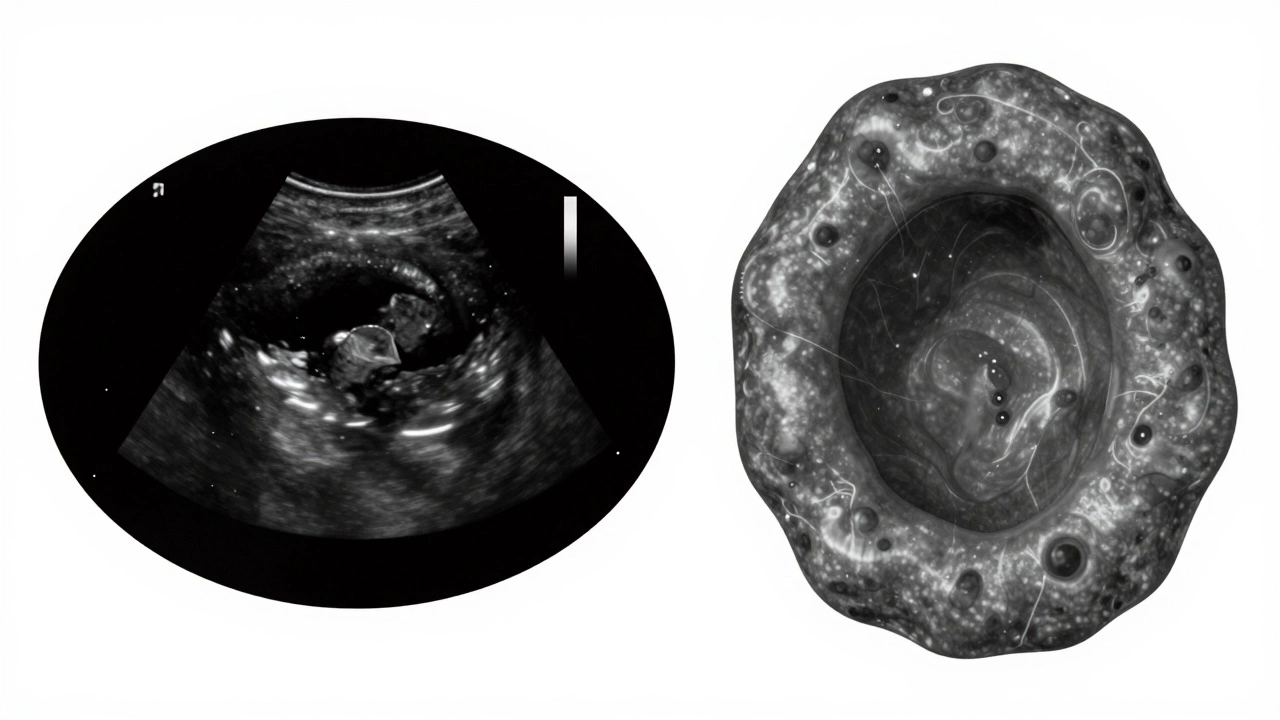 Сравнение кисты и опухоли на УЗИ: чёрная жидкостная структура против неровного серого образования с кровотоком.