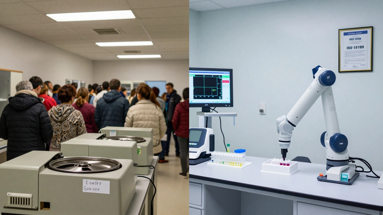 Сравнение: переполненная государственная поликлиника слева и современная лаборатория с роботами и сертификатом ISO справа.