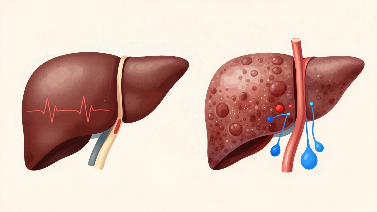 Сравнение здоровой и больной печени: гладкая текстура против бугристой, с указанием на нарушения кровотока и желчных протоков.