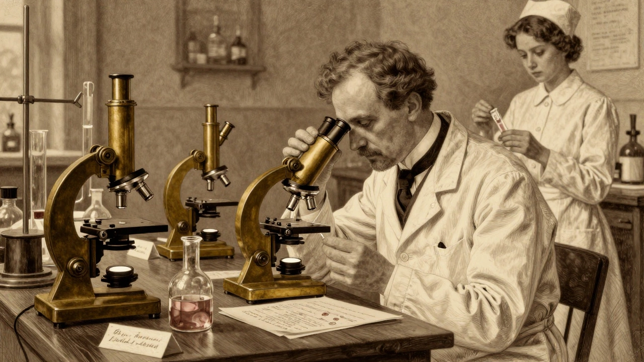 Старинная лаборатория с микроскопами и стеклянными пробирками, где врач изучает кровяную пробу под светом свечи.