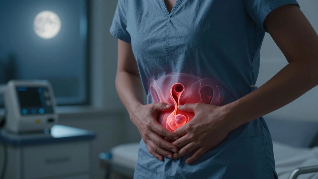 Женщина испытывает острую боль в животе, на фоне которой виден перекрученный яичник с кистой.