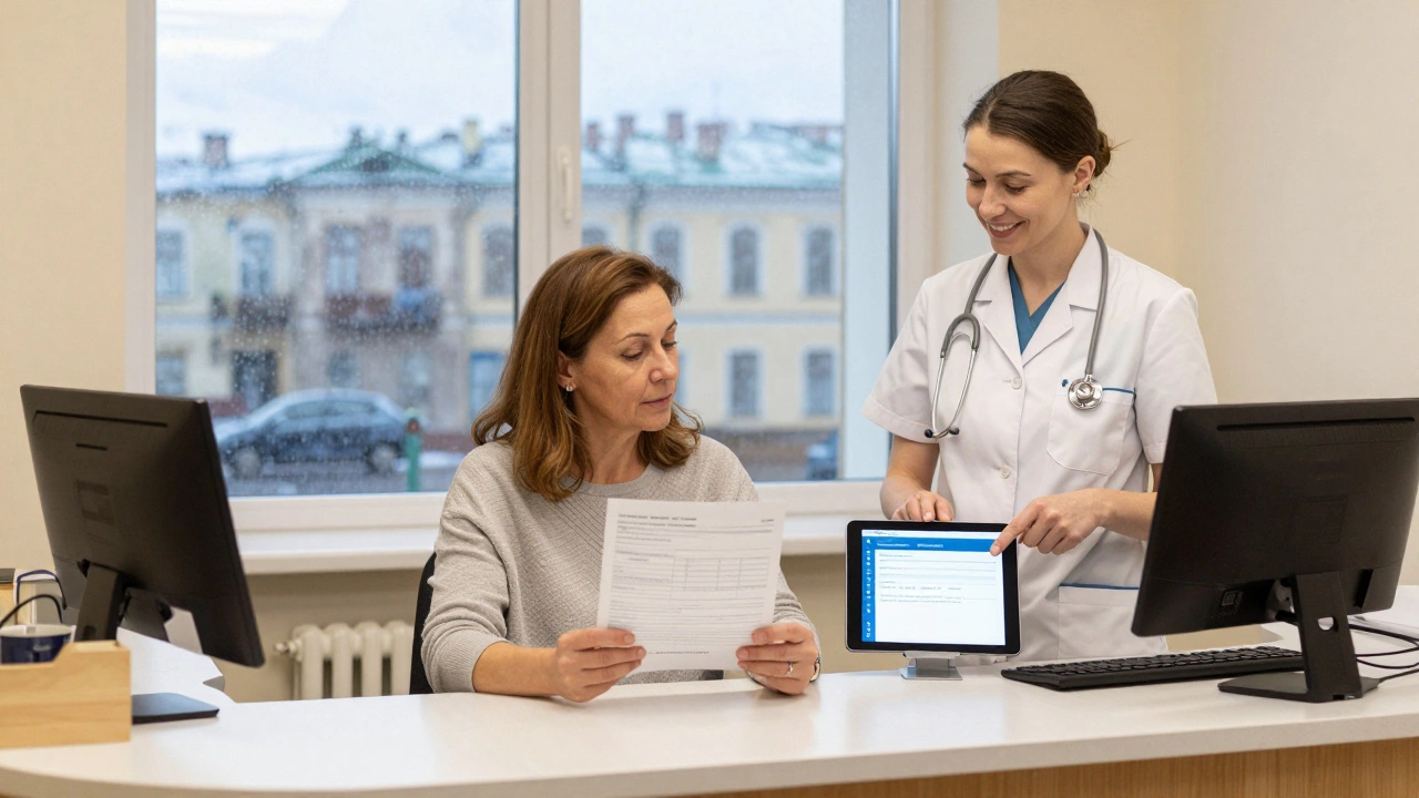 Женщина в частной клинике получает консультацию по сдаче анализов, рядом — планшет для онлайн-записи и вид города за окном.