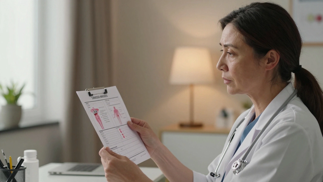 Женщина в кабинете врача смотрит на результаты анализа крови, на фоне силуэтов органов.