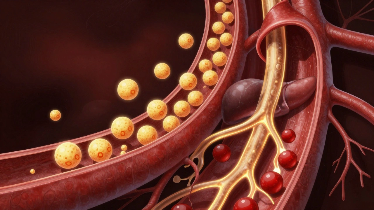 Артерия с отложениями плохого холестерина и частицами хорошего холестерина, удаляющими бляшки.