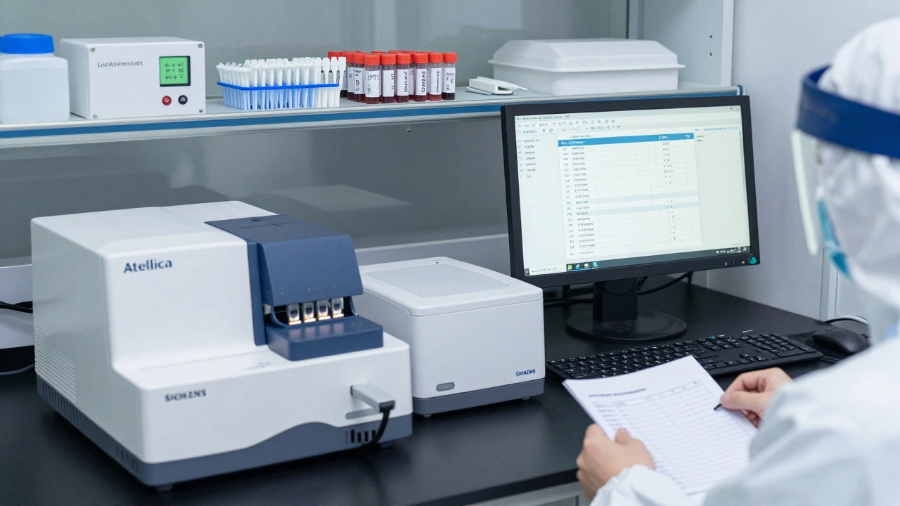 Биохимический анализатор в работе, рядом — иммуноферментный анализатор и холодильник для реагентов с термометром.