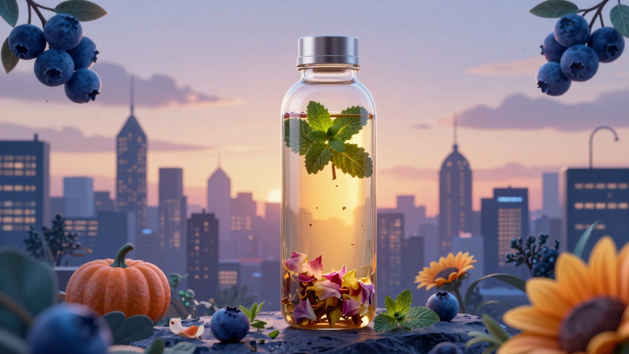 Бутылка с травяным настоем и городским силуэтом на фоне