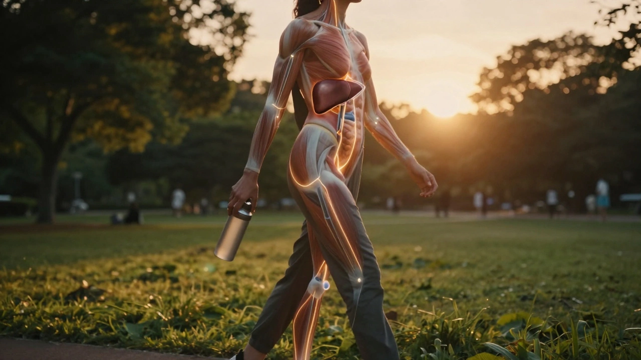 Человек гуляет на закате с бутылкой воды, вокруг него визуализированы метаболические процессы в теле.