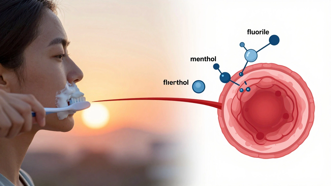 Диаграмма: слева — чистка зубов, справа — химические вещества из пасты попадают в кровь, соединённые красной линией.