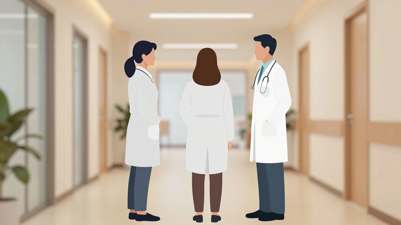 Группа врачей-специалистов в белых халатах в клинике