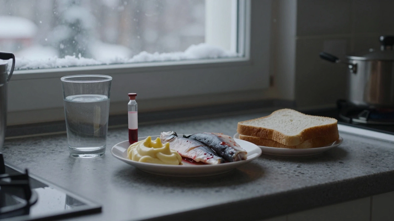 Кухонная стойка с жирной пищей и пробиркой с кровью, за окном зимний пейзаж Санкт-Петербурга.