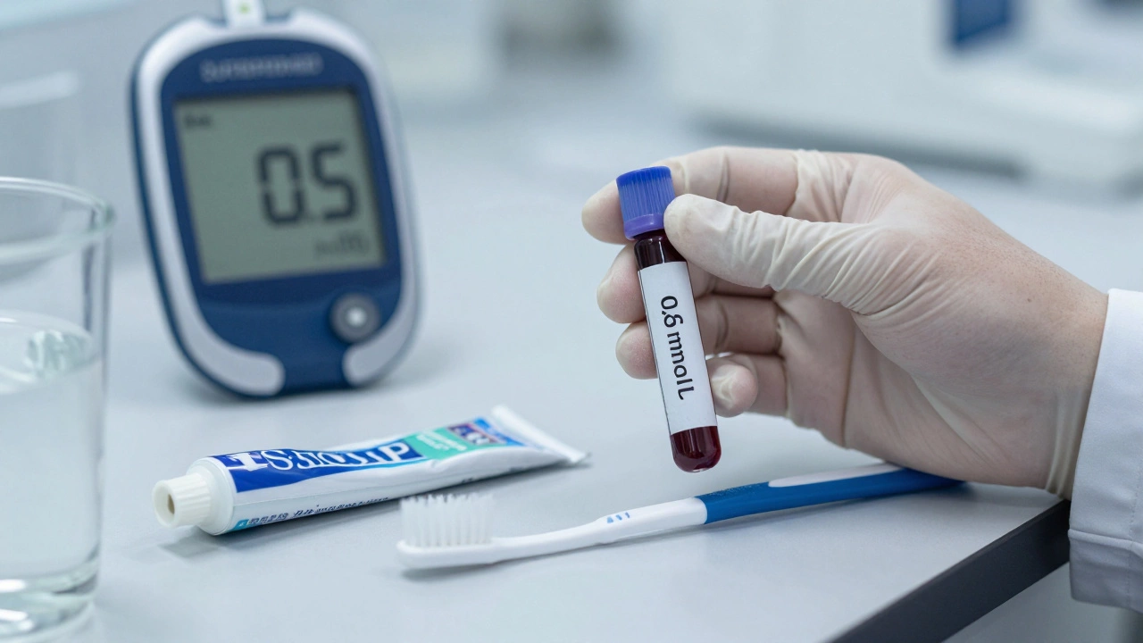 Лаборант берёт пробу крови, на столе рядом — зубная паста и зубная щётка, на экране — повышенный уровень глюкозы.