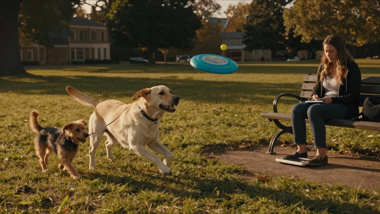 Лабрадор играет в фрисби на парковой траве, рядом — владелец с весами, показывающими набор веса