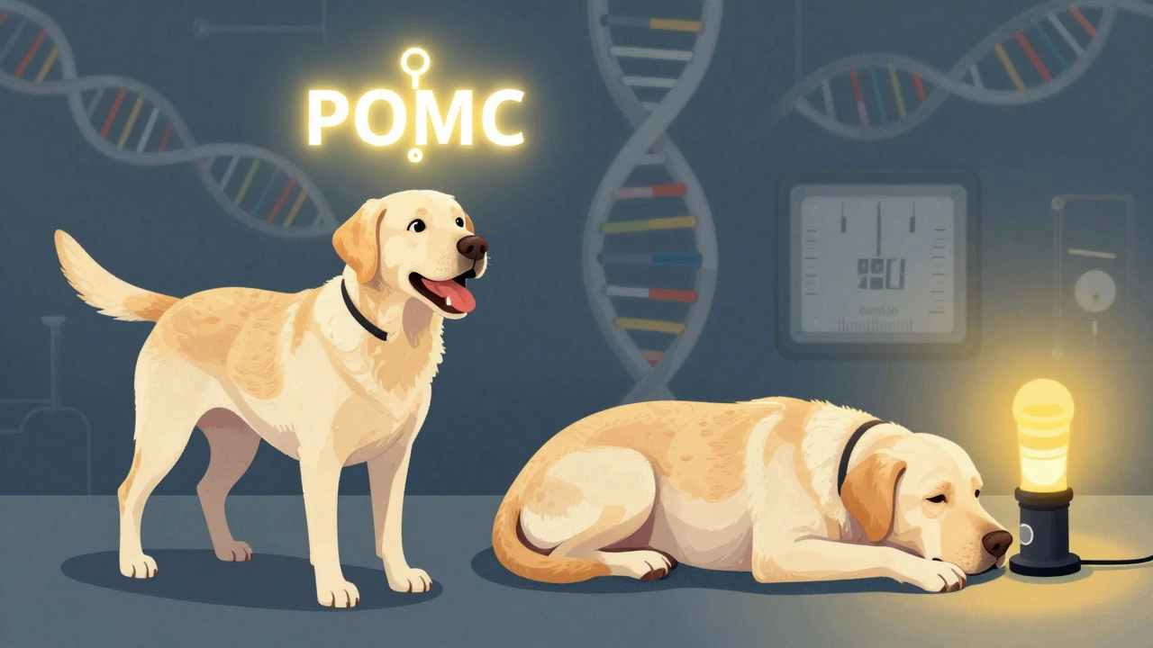 Лабрадор с генетической мутацией POMC, одна половина тела голодна, другая — сыта