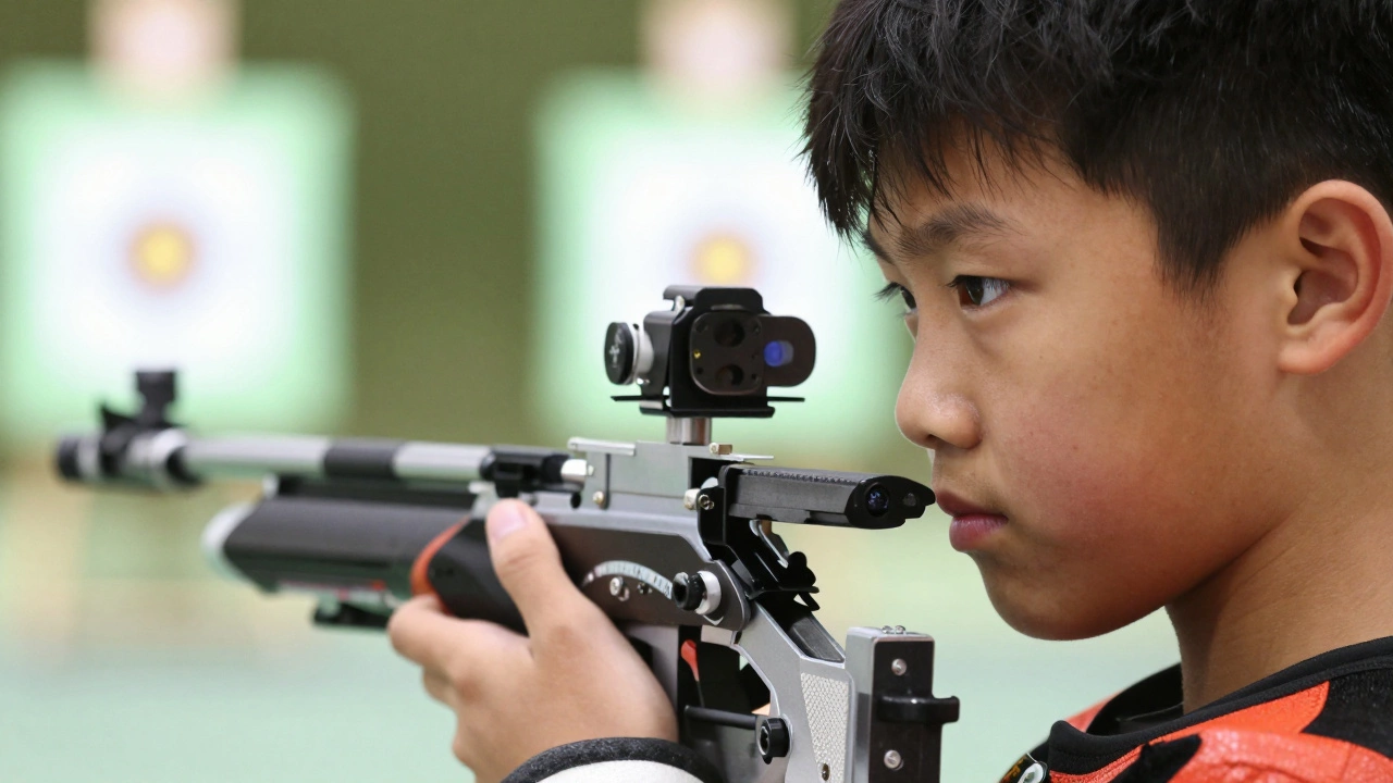 Ребёнок на стрелковом тире, сосредоточенно прицеливающийся в мишень на расстоянии.