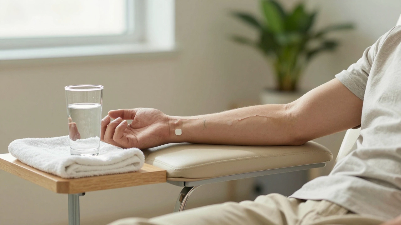 Рука пациента и стакан воды перед забором крови для донорства или анализов.