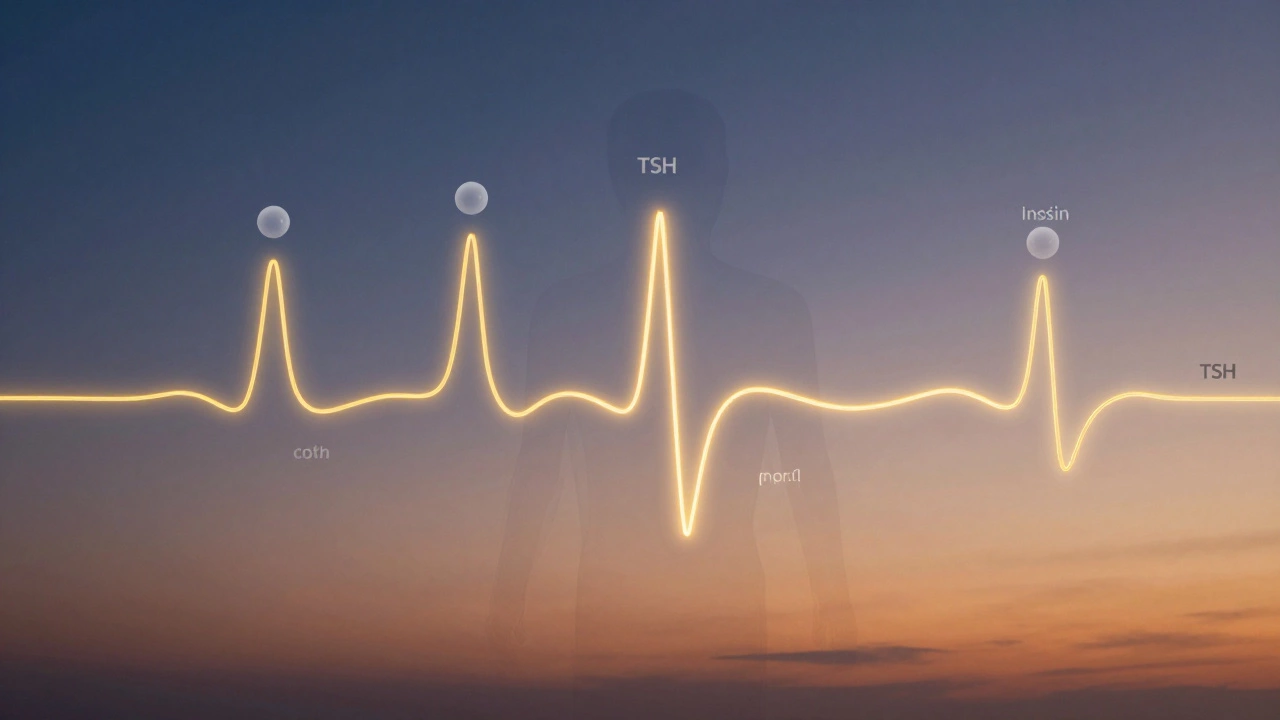 Схема циркадных ритмов тела, показывающая колебания гормонов от рассвета до вечера.